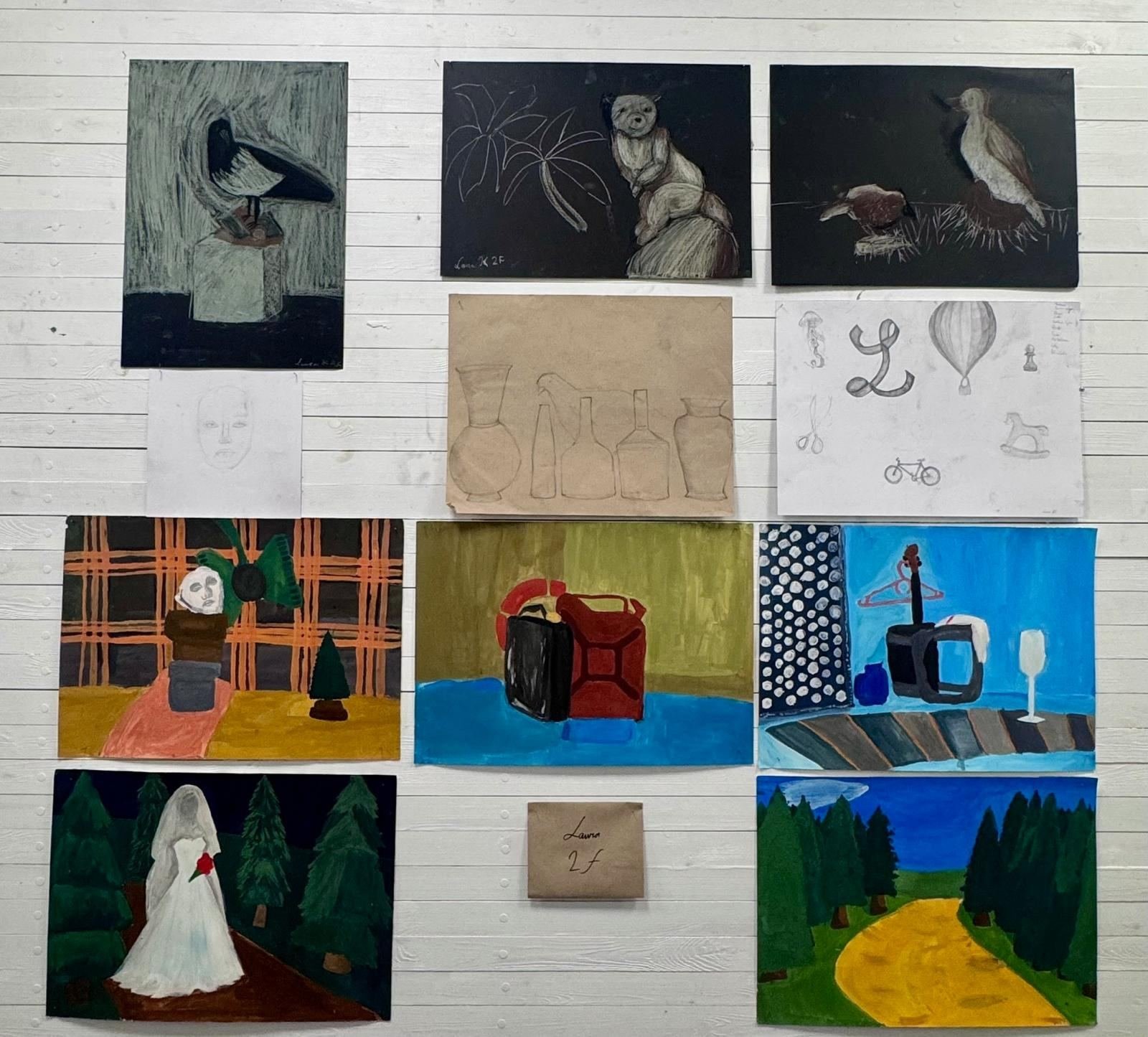 Birds, Vessels, Forest, gouache, chalk and graphite by Laura Kolesnikovaitė