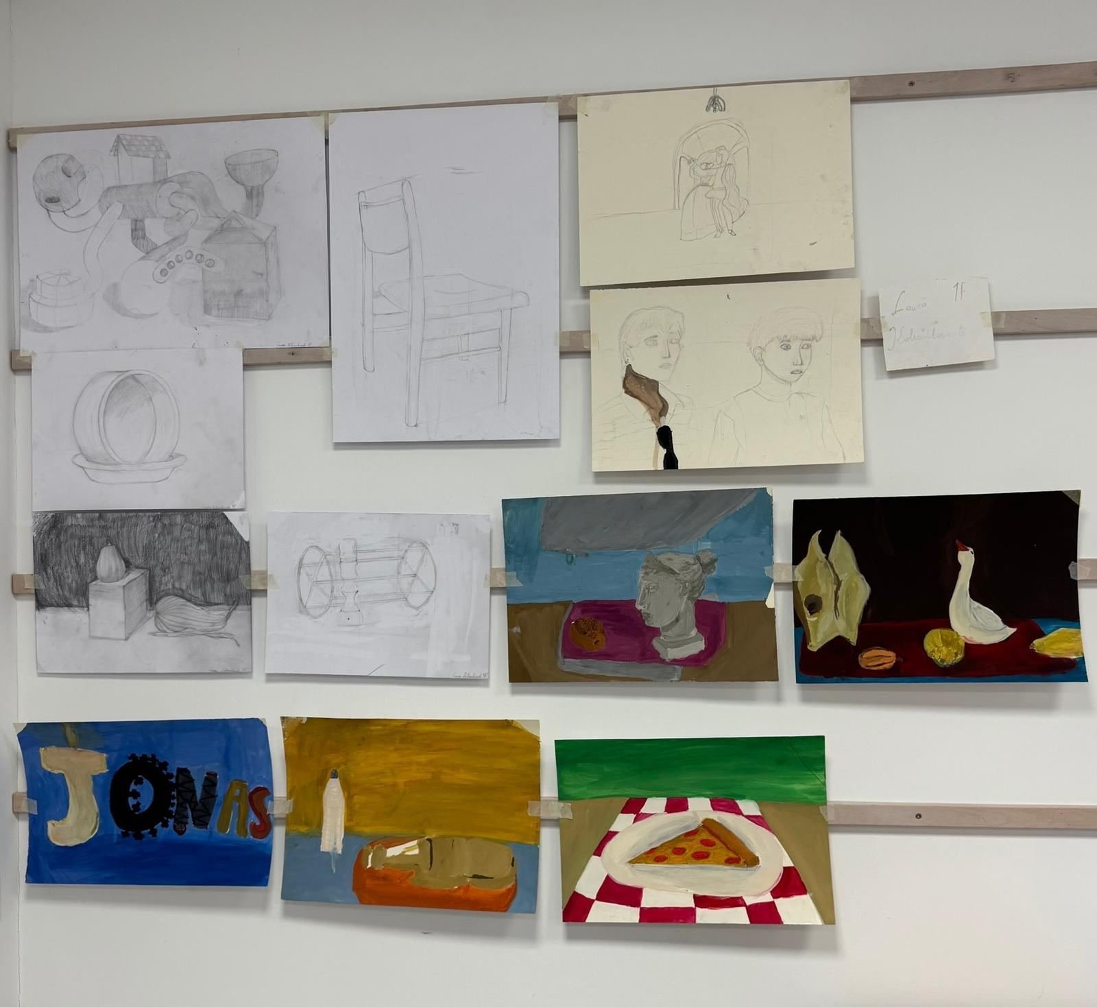First year drawings, graphite, gouache and collage by Laura Kolesnikovaitė