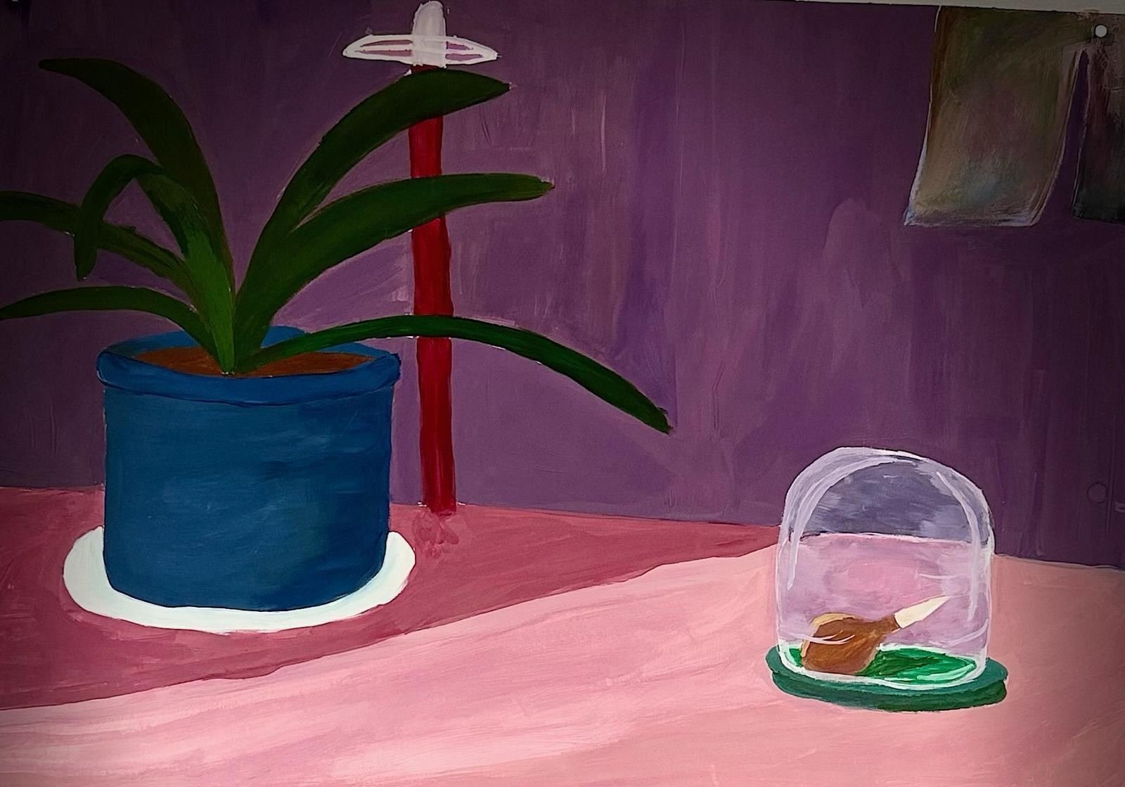 Plant and Glass Dome, gouache on paper by Laura Kolesnikovaitė