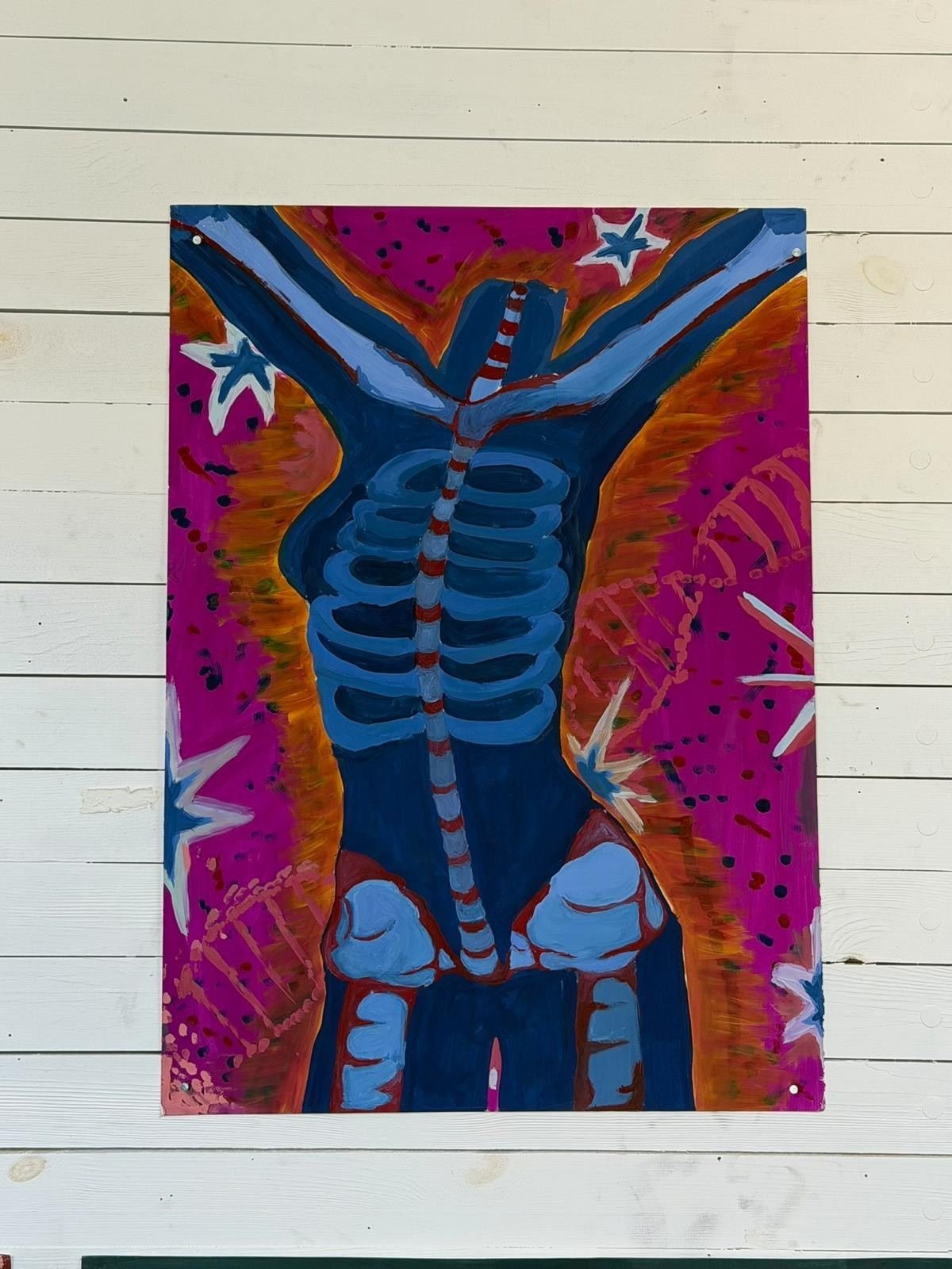 Skeleton, acrylic and gouache on paper by Laura Kolesnikovaitė